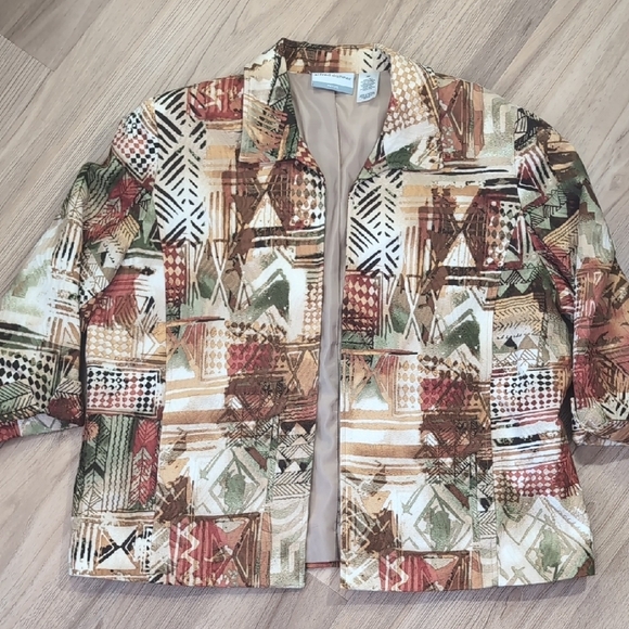 Alfred Dunner Brown Orange Green Cotton Blazer with African Inspired Pattern - Picture 1 of 5